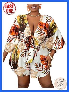Women's Plus Size Deep V Neck Romper Boho Wide Leg Jumpsuit